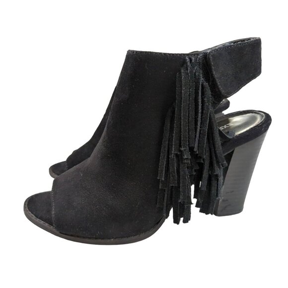 Express Bootie Womens 7 Black Fringe Heel Western Faux Suede Open Toe Going Out - Picture 1 of 11